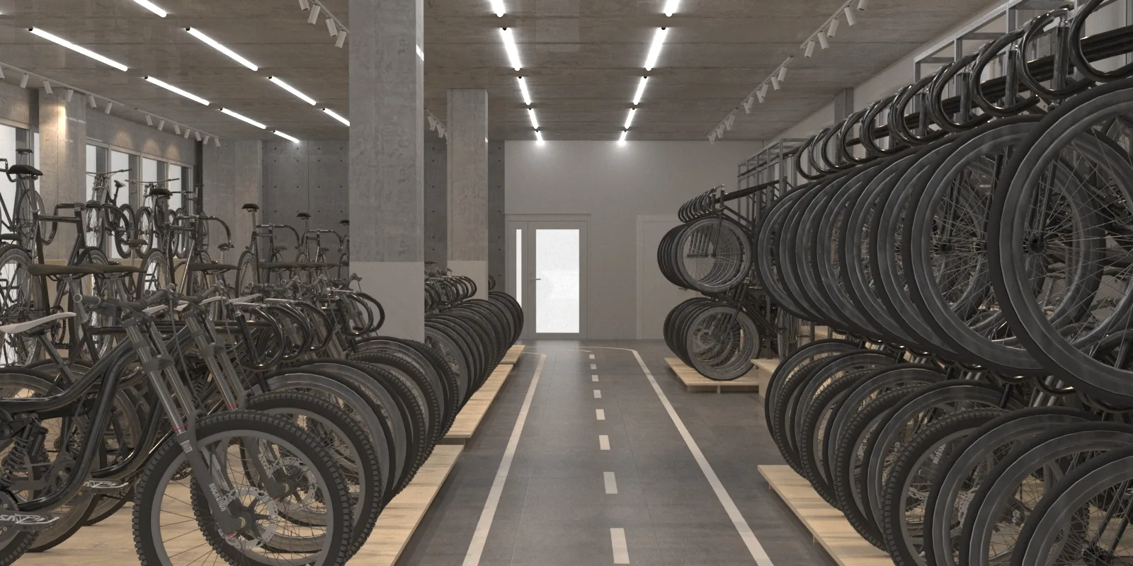Bicycle retail showroom featuring central test track aisle, wheel storage racks, and exposed concrete columns