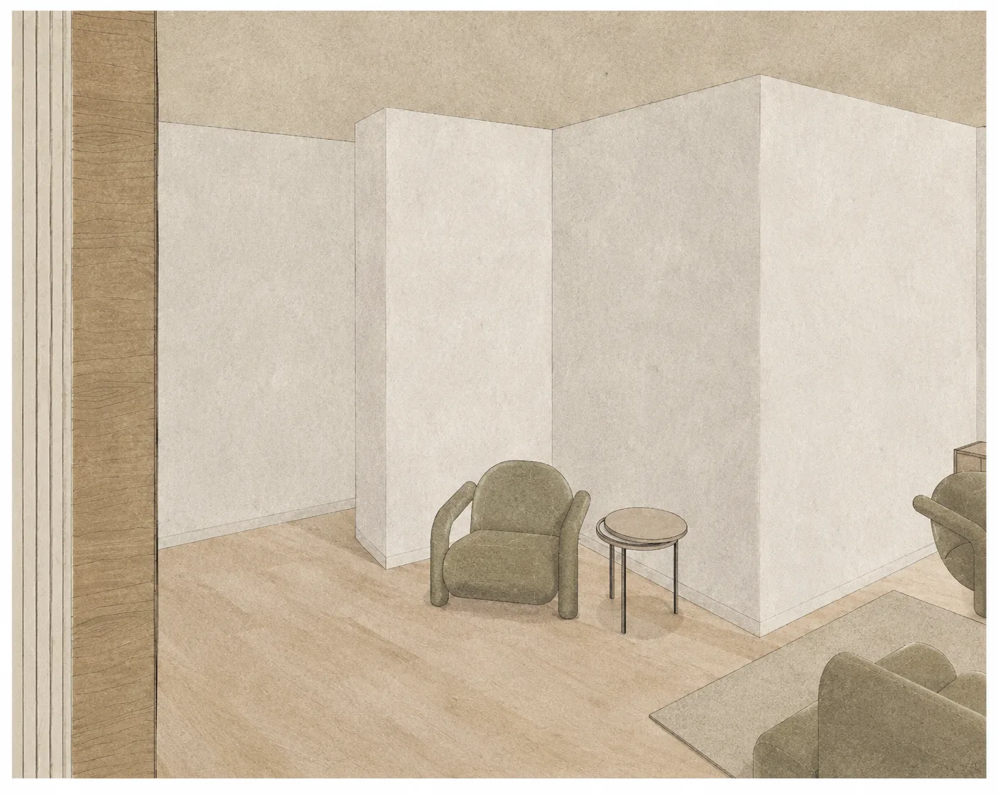 Neutral apartment interior with light wood floors, sage green armchair, and minimalist round side table