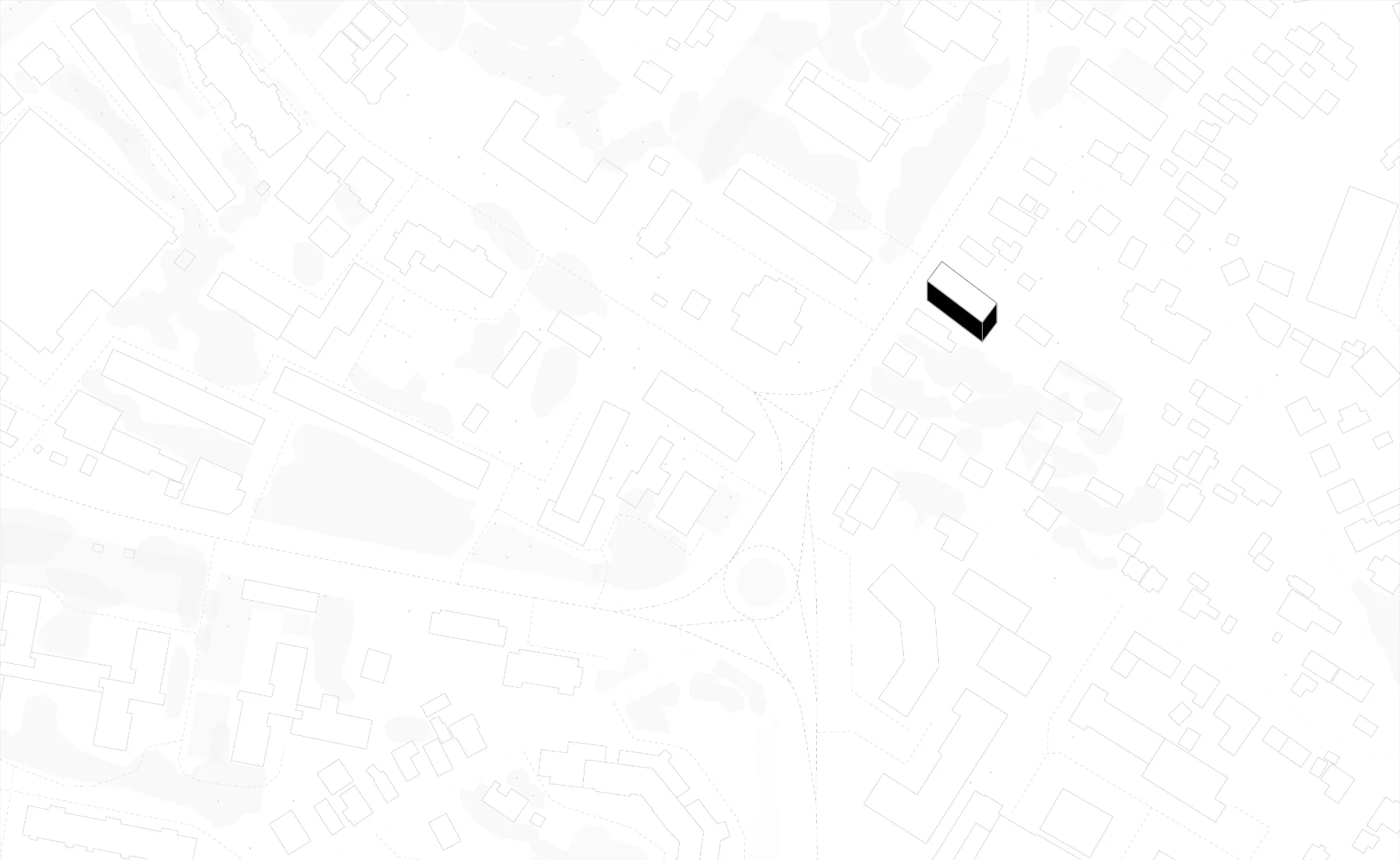 Urban site map and building location plan showing building volume within the neighborhood grid