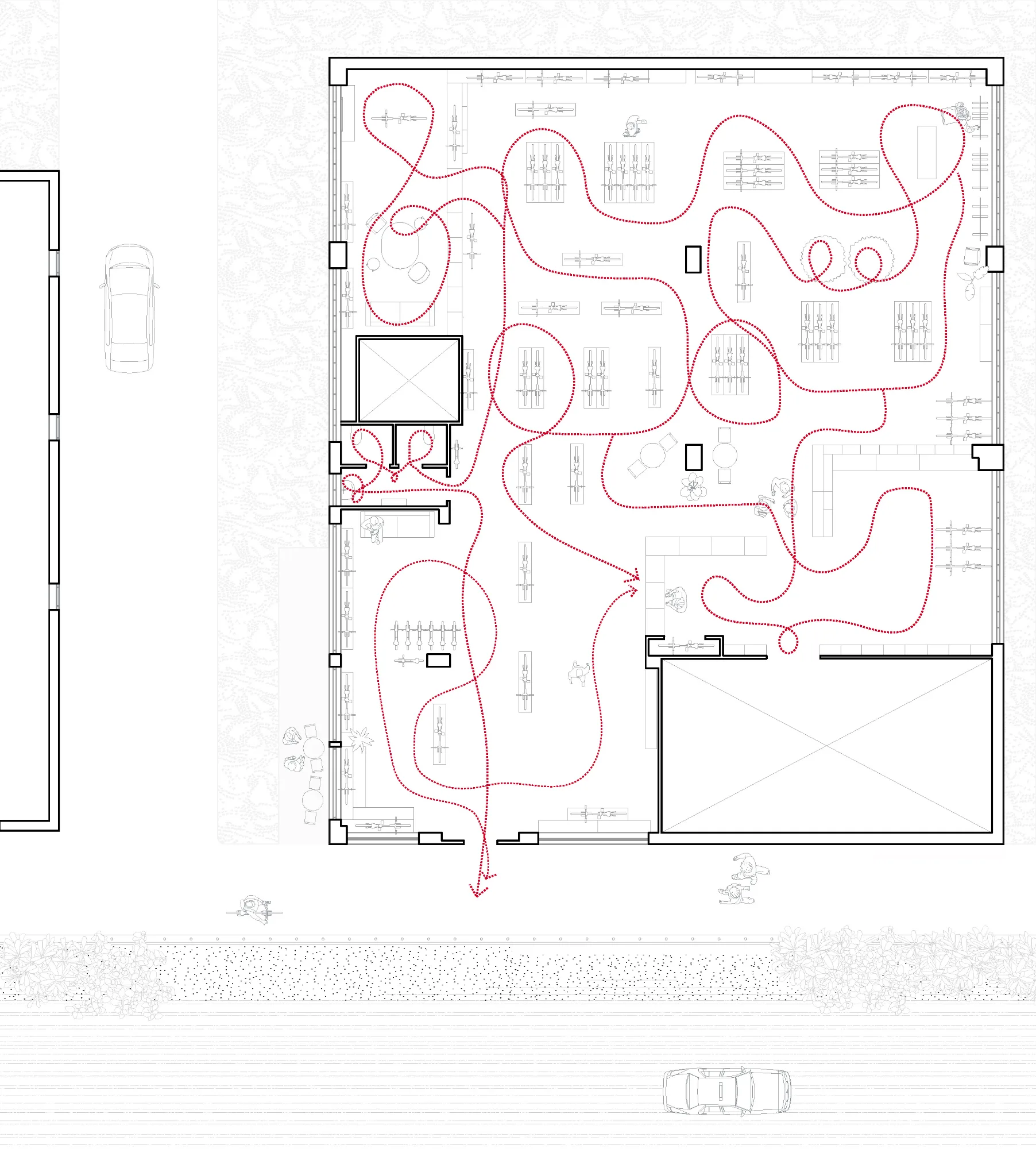 Store floor plan with customer journey diagram showing circulation paths through retail displays
