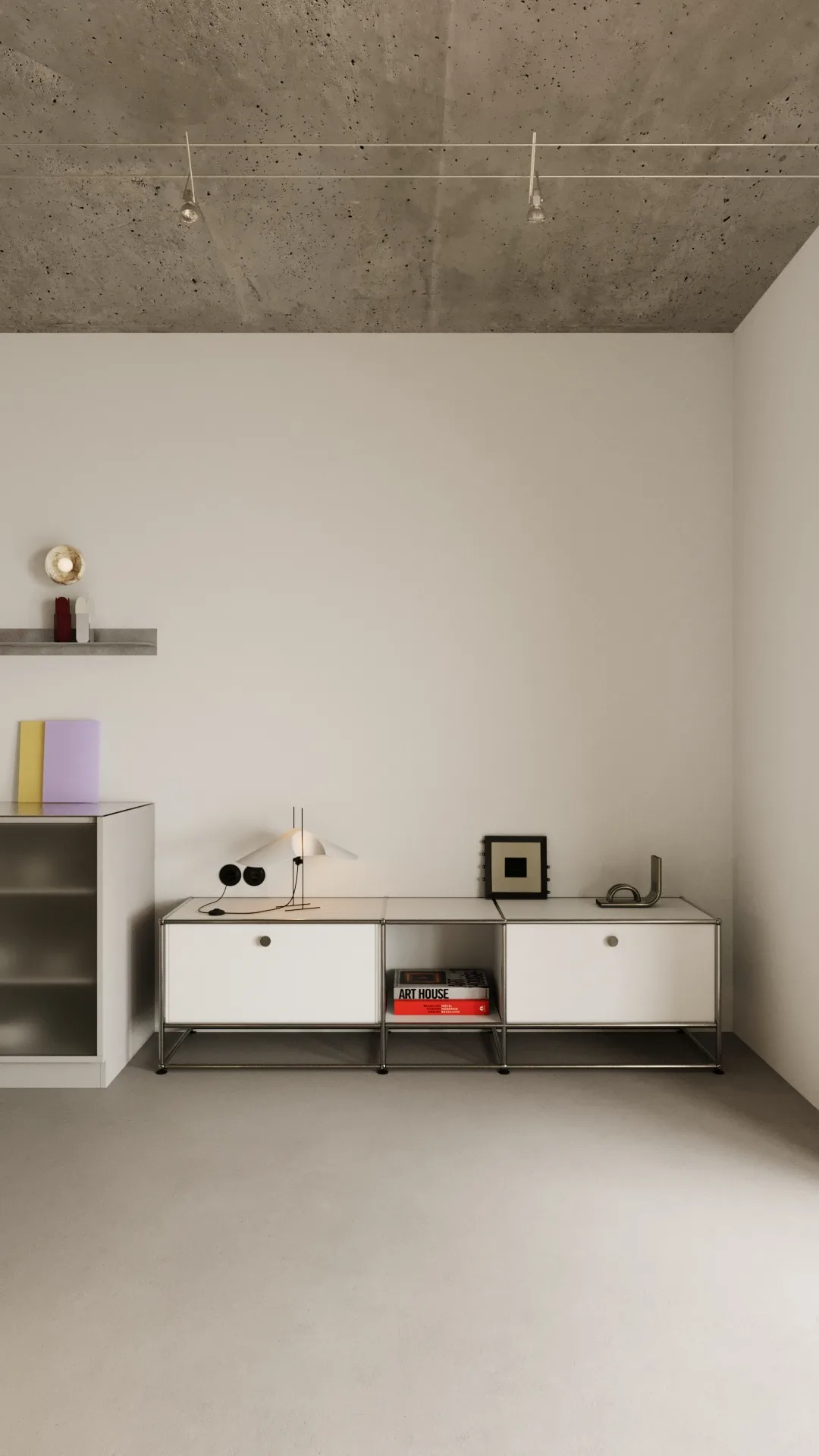 Minimalist living room wall featuring white modular low credenza, concrete ceiling, and track lighting