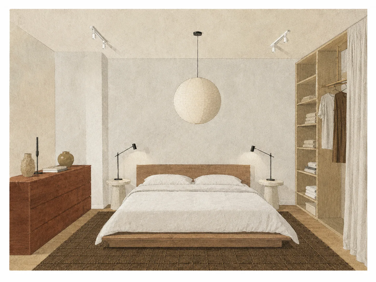 Minimalist bedroom interior with wooden platform bed, paper sphere pendant lamp, and open wardrobe