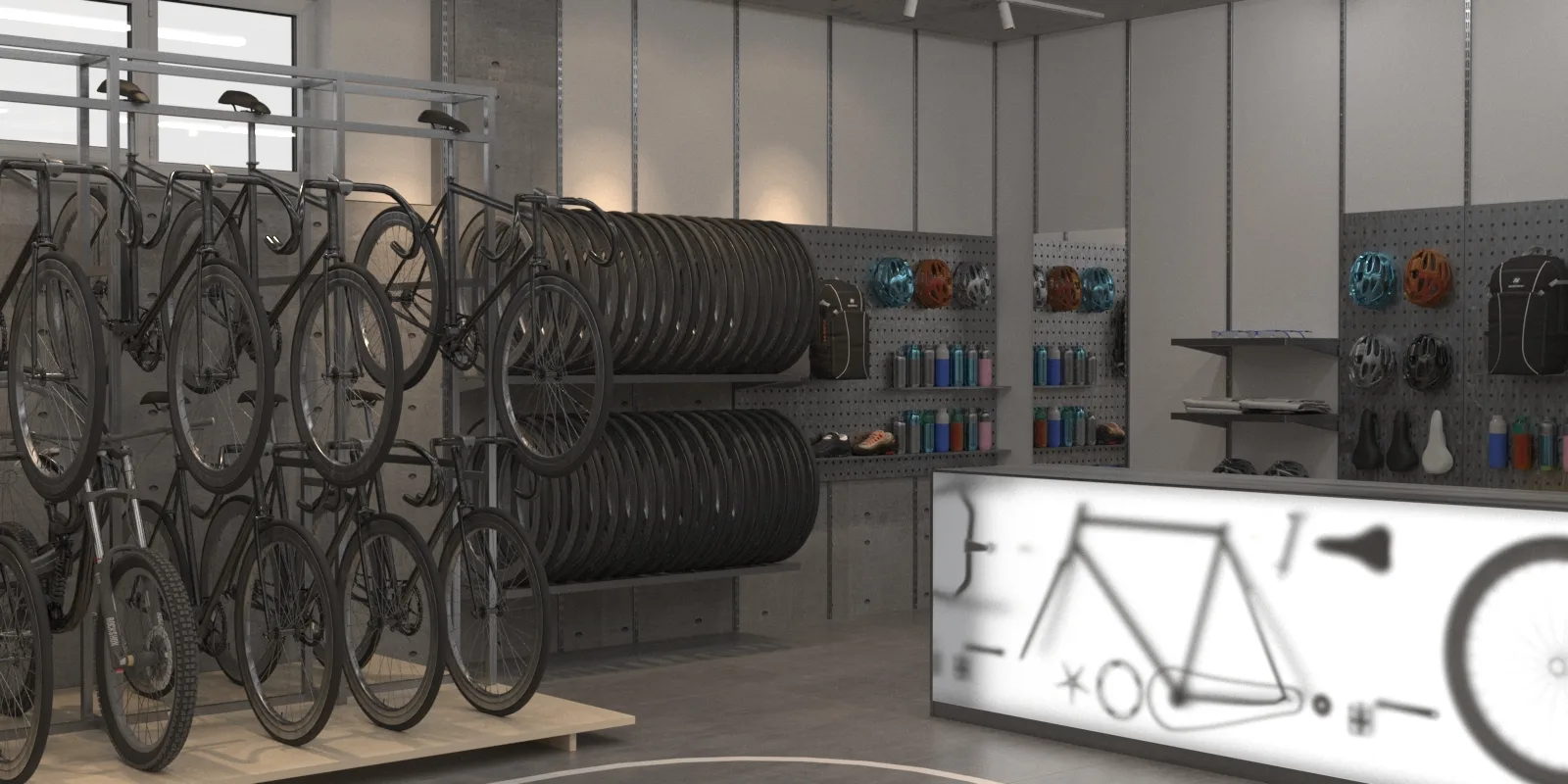 Bicycle showroom interior with illuminated counter, accessories pegboard, and tire storage racks