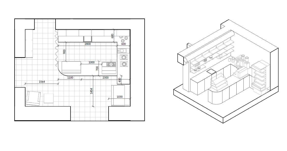 Floor plan with dimensions and 3D axonometric diagram of redesigned coffee bar counter and barista station