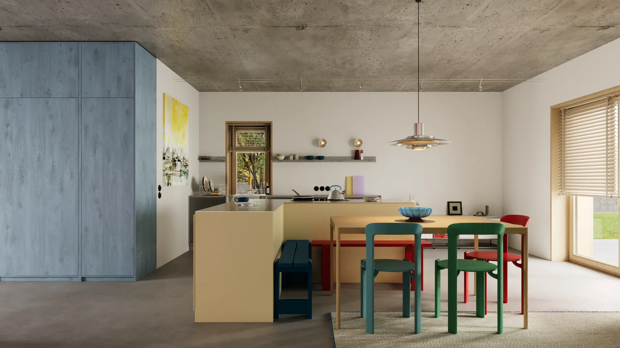 Open plan kitchen and dining area featuring light blue cabinetry, yellow island, and colorful dining chairs