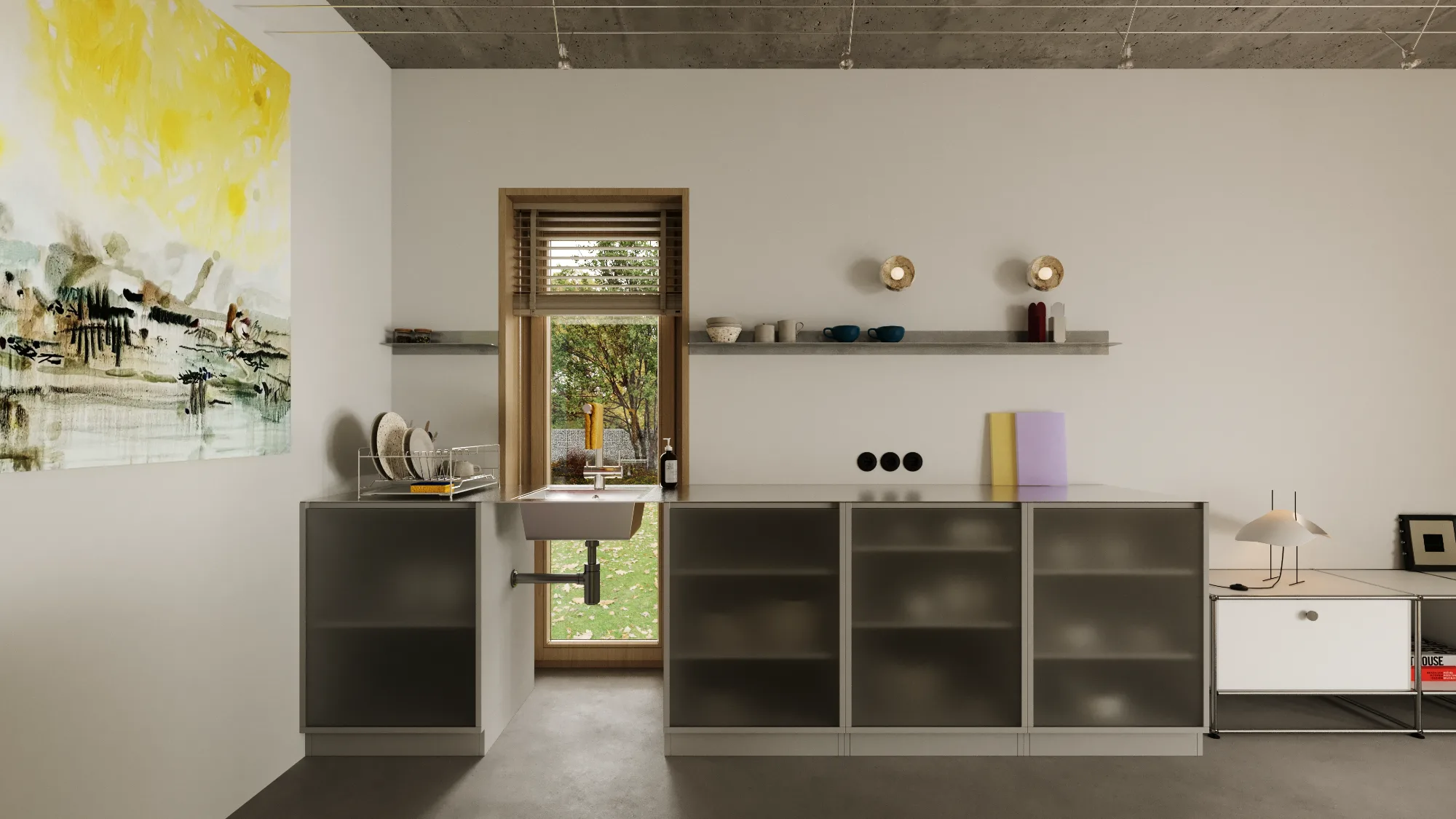 Minimalist kitchen counter with frosted glass cabinets, stainless steel worktop, and garden view window