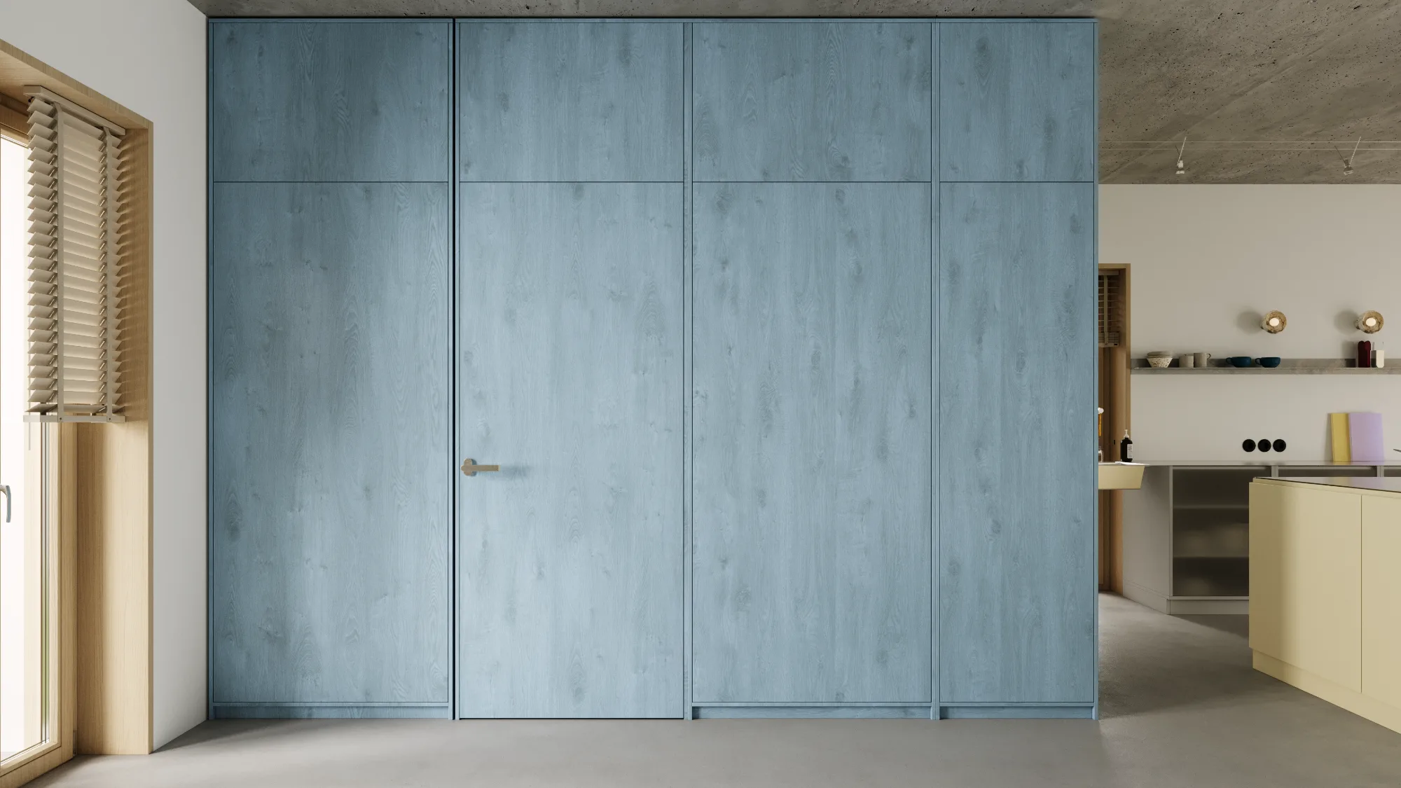 Full-height light blue stained wood wardrobe wall with integrated door and exposed concrete ceiling