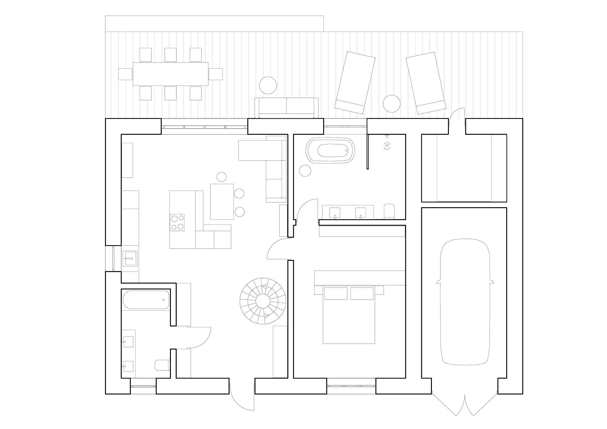 Architectural site plan showing house footprint, private garden with trees, and outdoor terrace