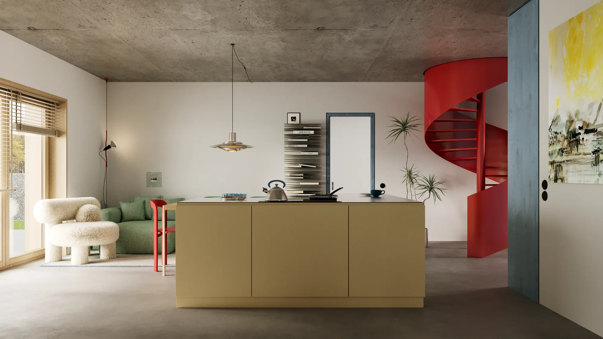Open living room interior with yellow kitchen island, green sofa, and sculptural red spiral staircase