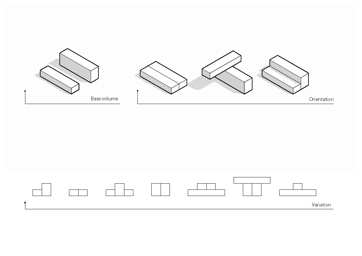 Axonometric concept diagram illustrating modular geometry, orientation, and variations of display podiums