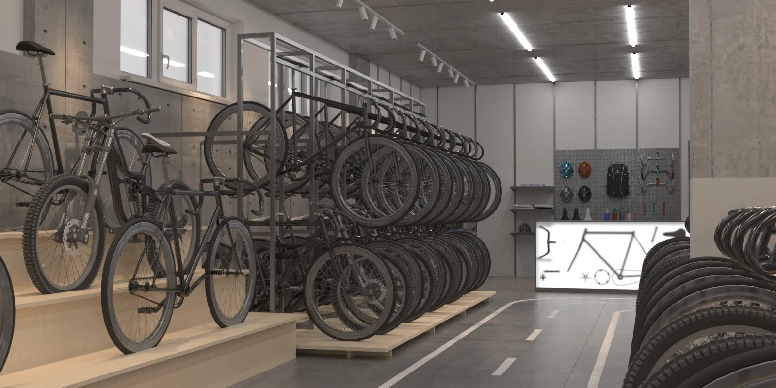 Two-tier industrial metal display racks for bicycles with concrete wall and linear ceiling lights