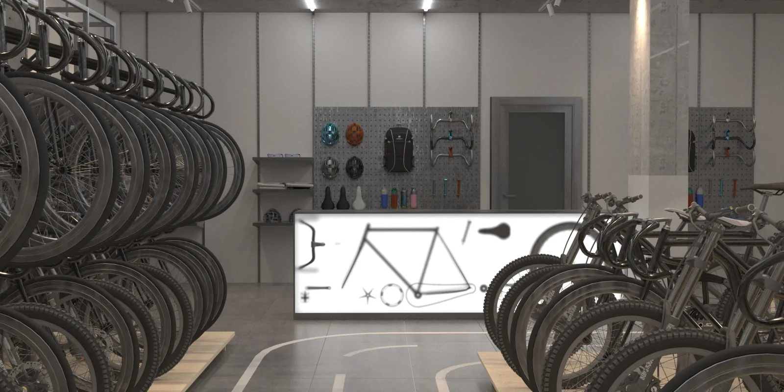 Illuminated checkout counter with bicycle graphic and accessory display pegboard wall