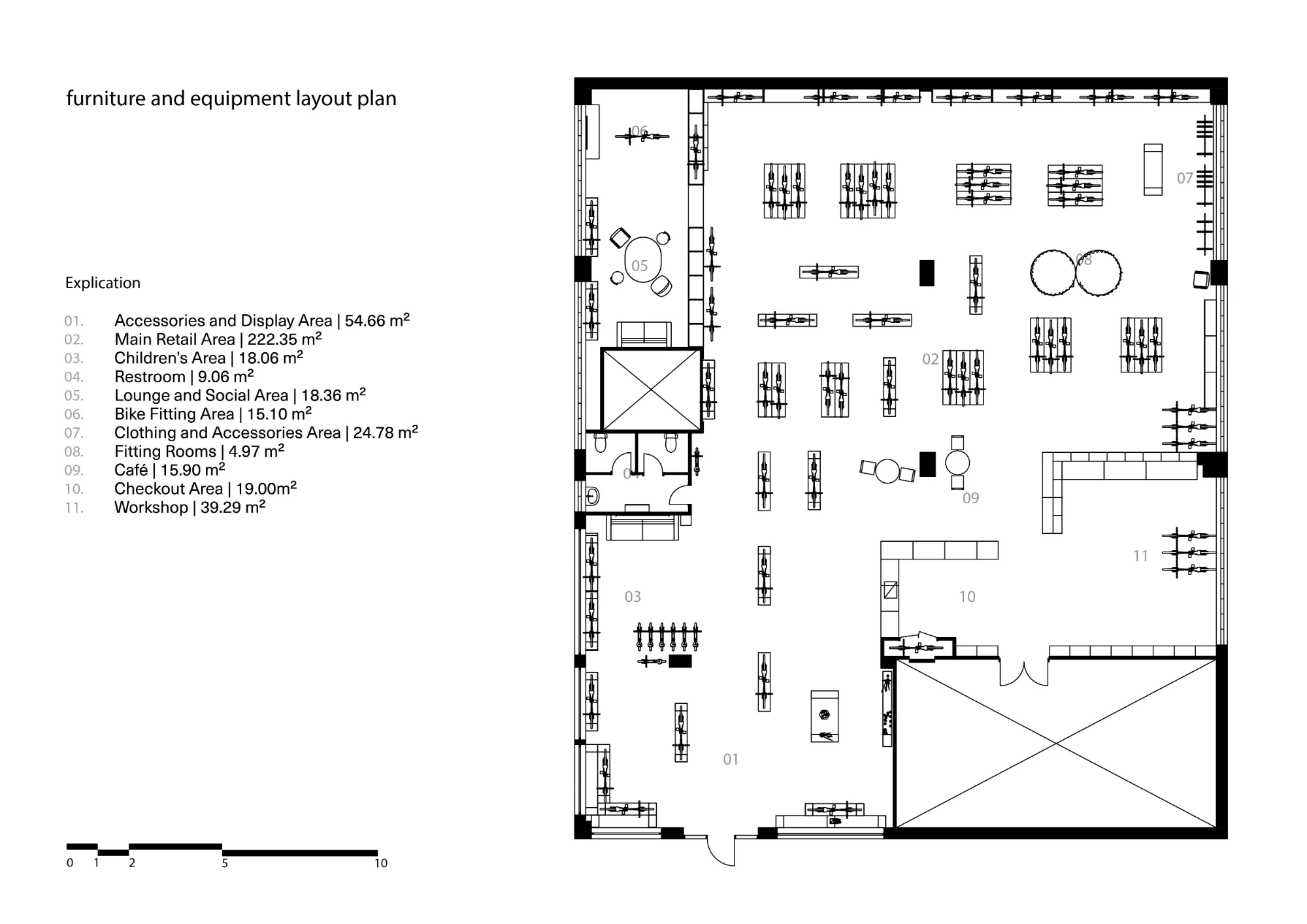 Architectural layout plan with furniture arrangement, equipment placement, and area zoning legend