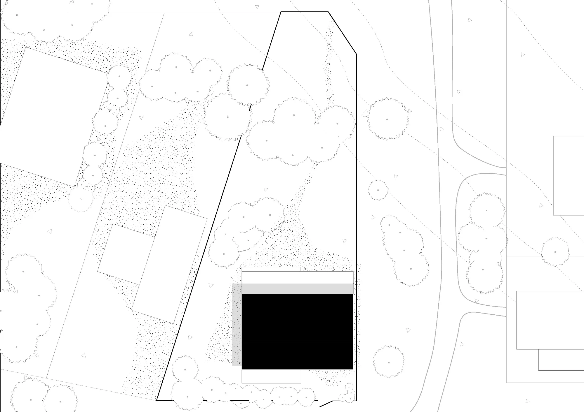 Urban context site plan showing building location between residential neighborhood and natural landscape