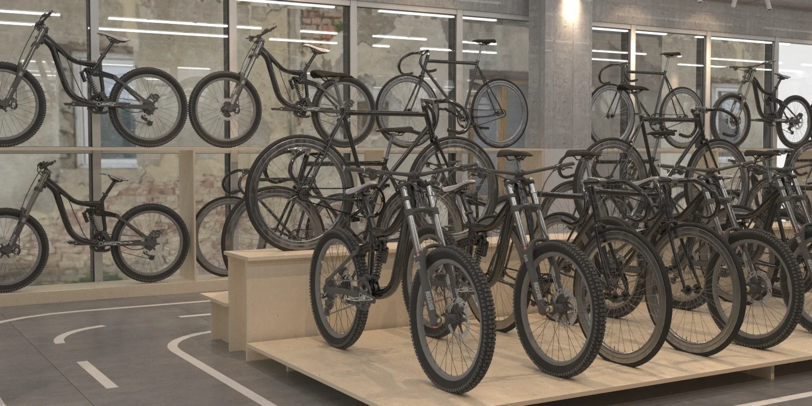 Stepped plywood bicycle display stands and indoor test track markings in retail showroom