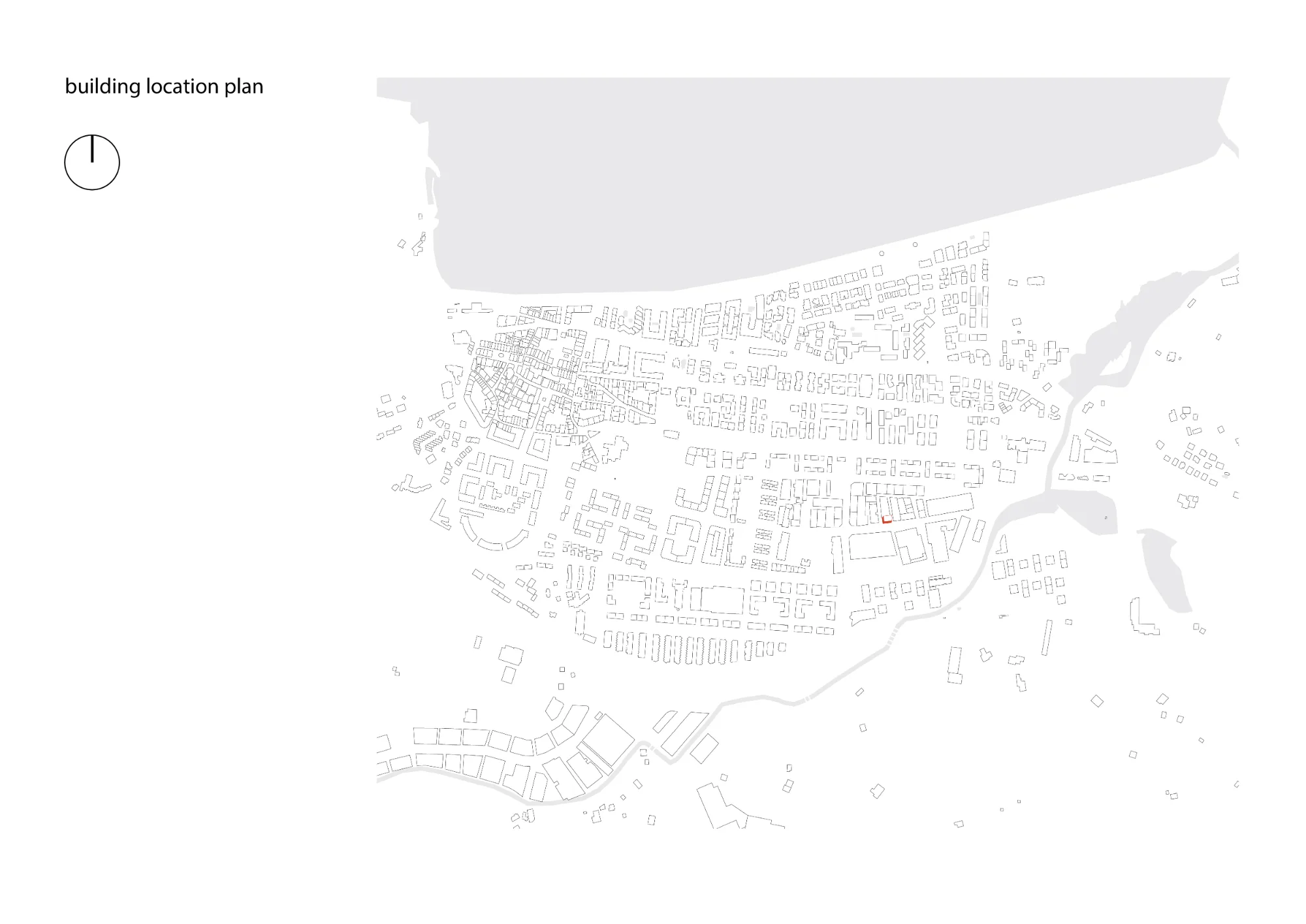 Urban site location plan showing building footprint within the surrounding city grid