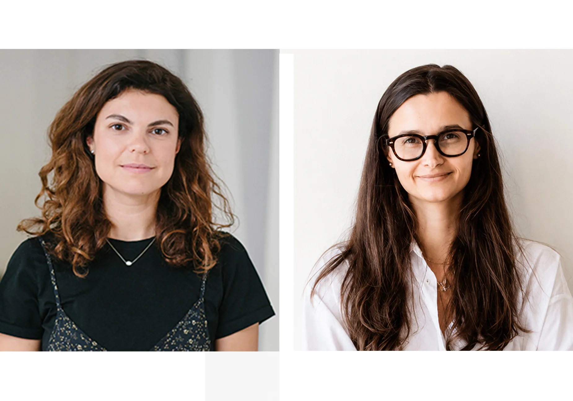 Ganna Sokolova and Olga Mozgova, founders of 021 Studio — two portrait photographs side by side